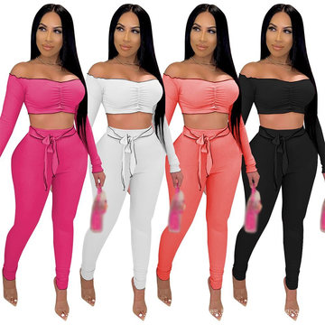 Superstsrer Wholesale Women Short and Pants One Shoulder Two Piece Set